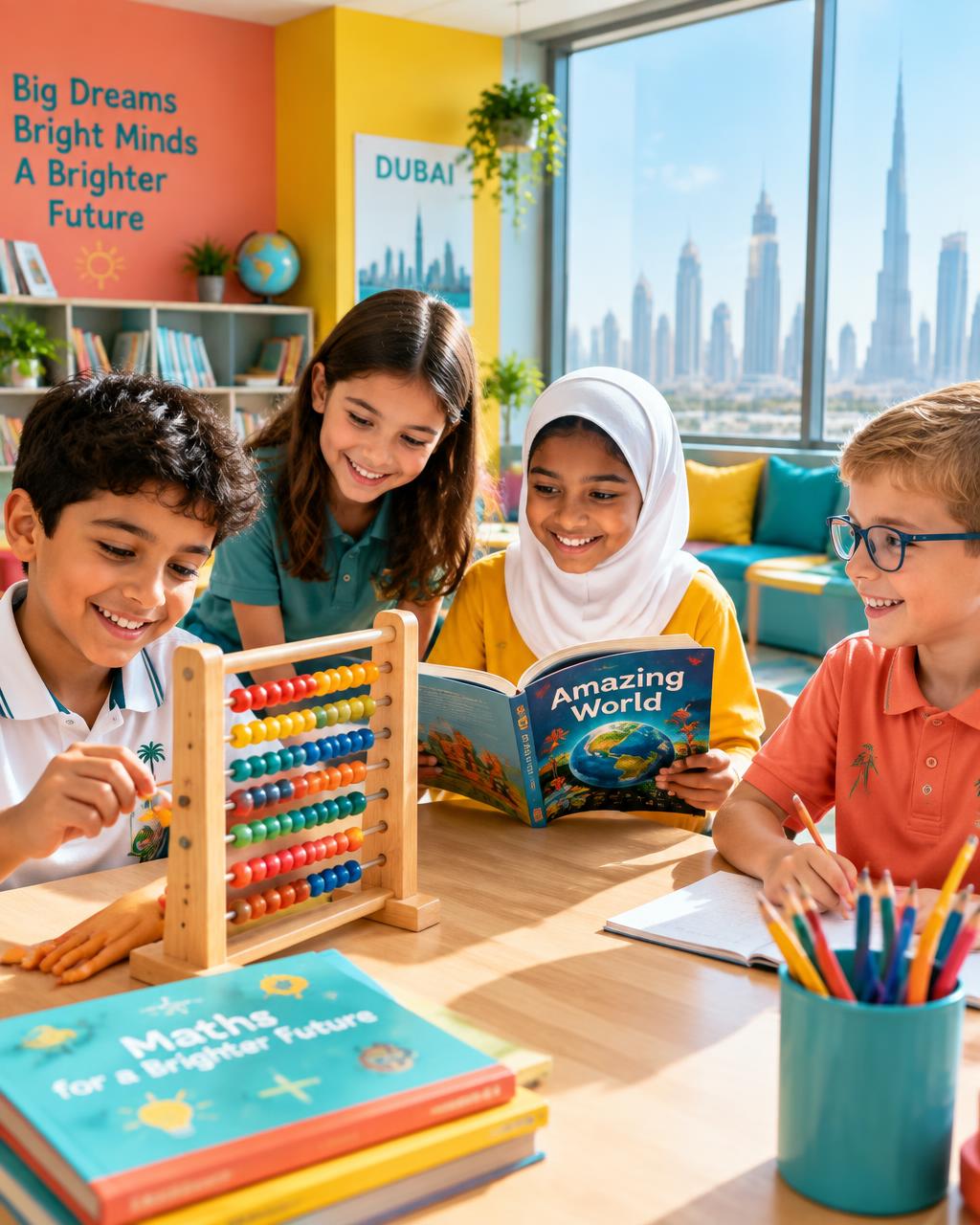 Happy children learning abacus and reading at Brainpower